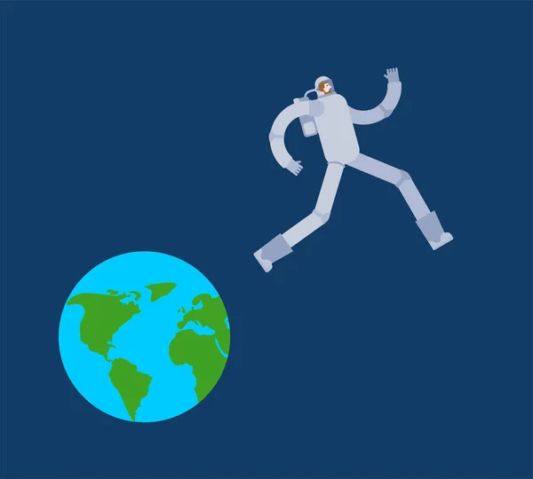 Astronauta huye de la Tierra. El hombre del espacio escapa del planeta. cosmonau — Archivo Imágenes Vectoriales