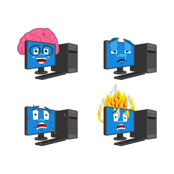 Nastavit počítač emoji. PC Smart a infikované. Oheň a pláč. údaje — Stockový vektor