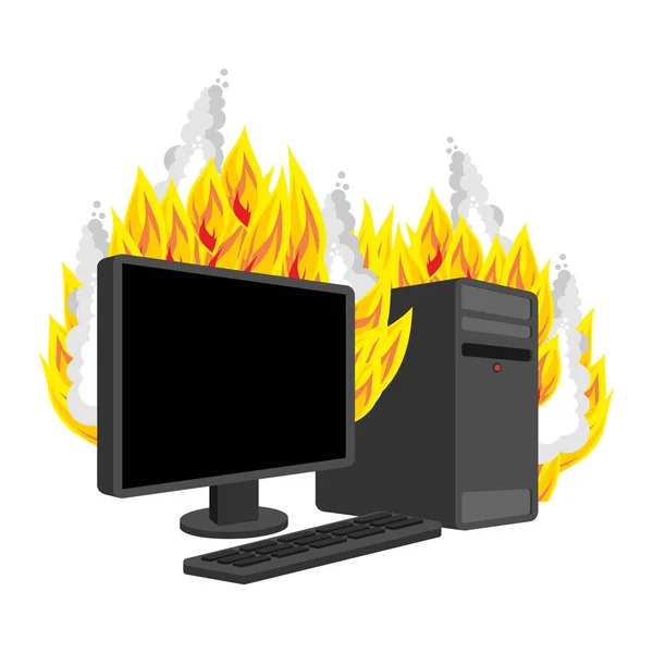 Computer Fire aislado. computadora en llamas. procesador de datos Vector — Archivo Imágenes Vectoriales