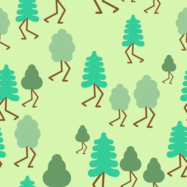 森の漫画スタイルパターンシームレス。脚のある木ベクトルイル — ストックベクタ