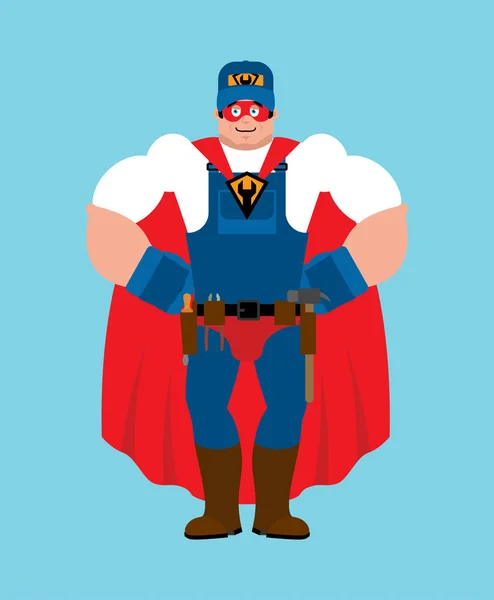 Plumber superhero. Super Fitter in mask and raincoat. Strong Ser — Stock Vector