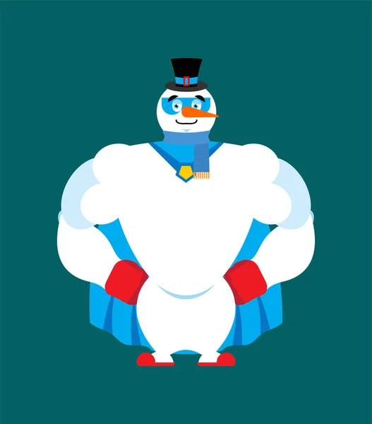 Сніговик супергерой. Супер снігова людина в масці і плащі . — стоковий вектор