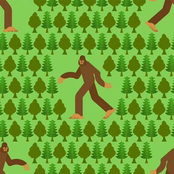 シームレスな森のパターンのビッグフット。イエティと木の背景。A — ストックベクタ