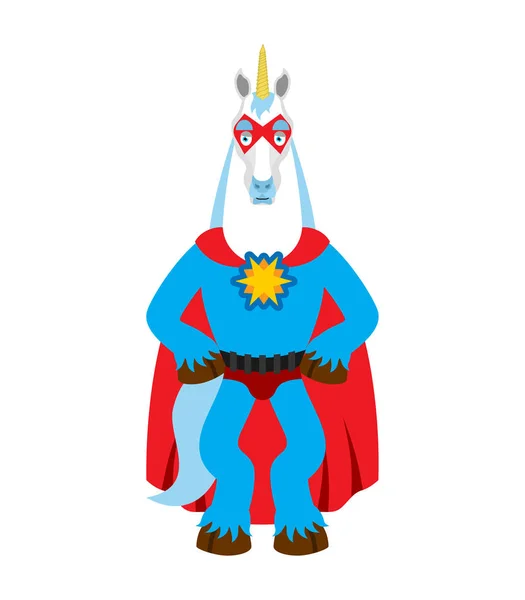 Superhéroe Unicornio. Caballo súper mágico con máscara y impermeable. Stron. — Vector de stock