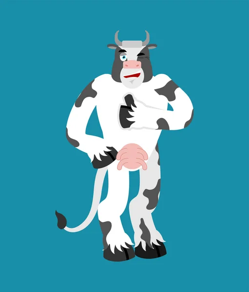 Vaca pulgares hacia arriba y guiños. Animal de granja feliz emoji. ternera Vector il — Archivo Imágenes Vectoriales
