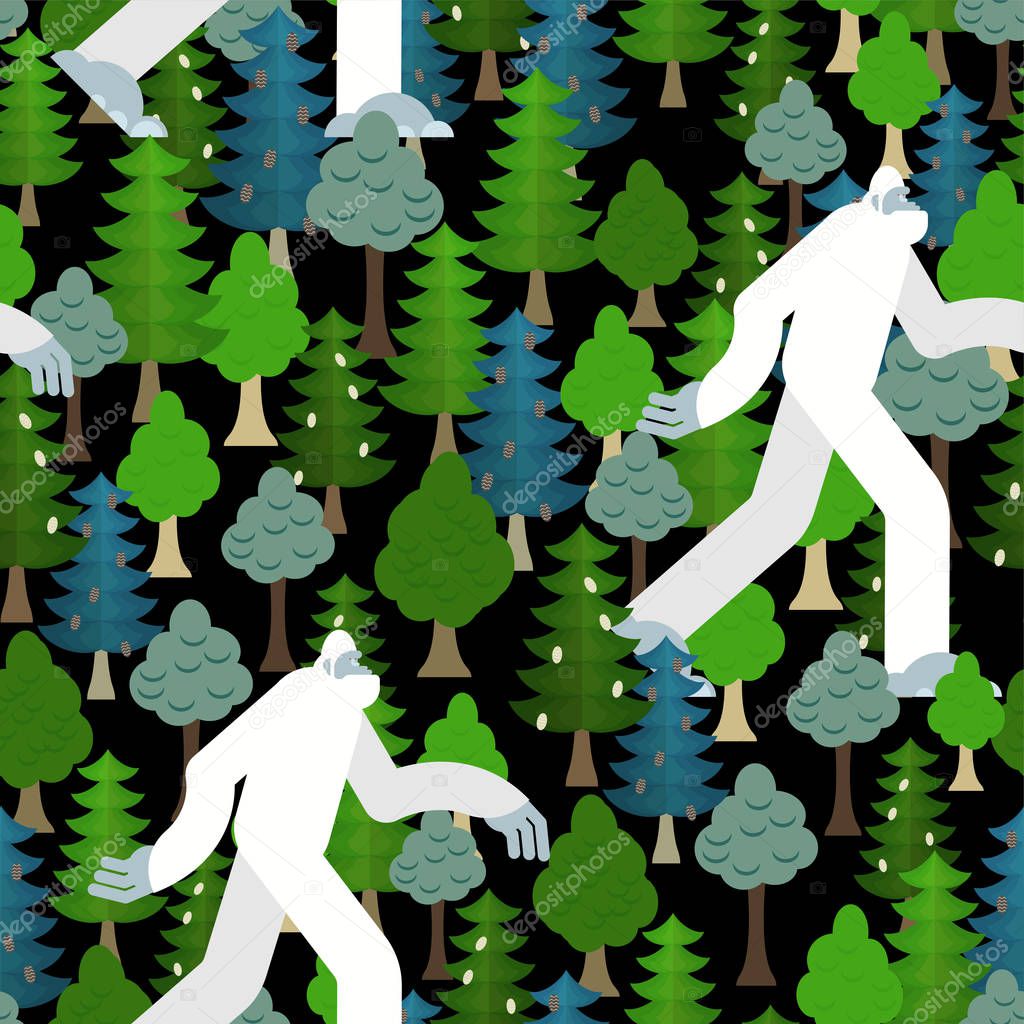 Bigfoot in forest pattern seamless. Yeti and trees background. A