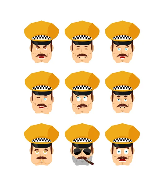 Taksi şoförü emoji avatar ayarlayın. üzgün ve öfkeli yüz. suçlu ve SLE — Stok Vektör