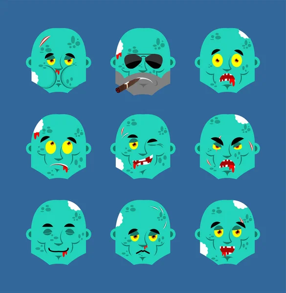 Zombie set Emoji avatar. triest en boos gezicht. schuldig en slapend — Stockvector
