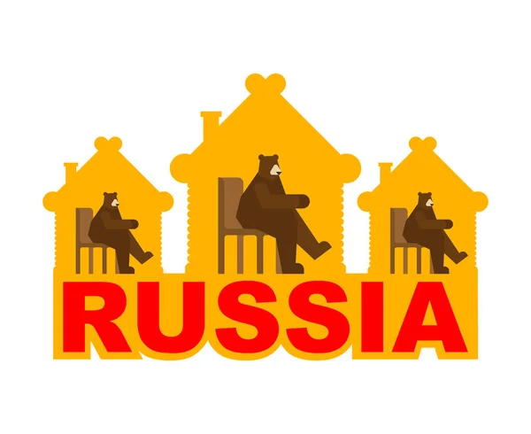 Rosja tradycyjny dom. Rosyjski niedźwiedź w drewnianej chatce. — Wektor stockowy
