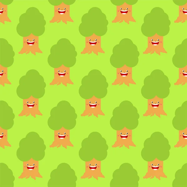 Lindo patrón de bosque kawaii sin costuras. divertido árbol fondo carto — Archivo Imágenes Vectoriales