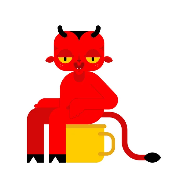 Bebé demonio en el inodoro. Pequeño diablo rojo — Vector de stock