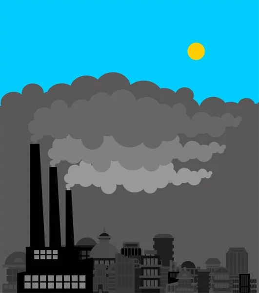 Fabrieks-en luchtvervuiling. Grijze rook rond plant — Stockvector