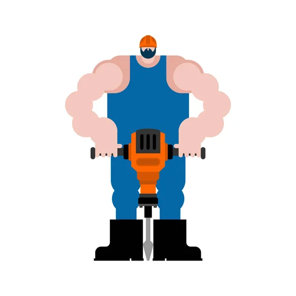 Road worker and jackhammer. Roadman at work. vector illustration — Stock Vector