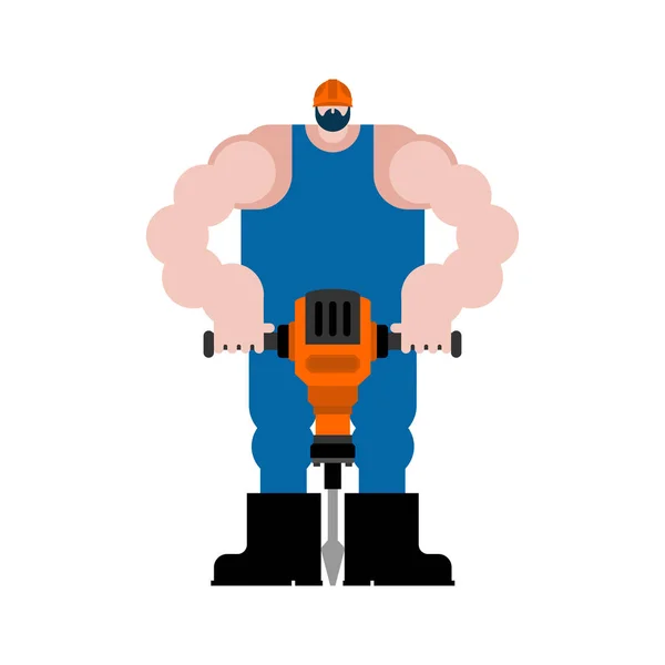 Közúti munkavállaló és Jackhammer. Roadman a munkahelyen. vektoros illusztráció — Stock Vector