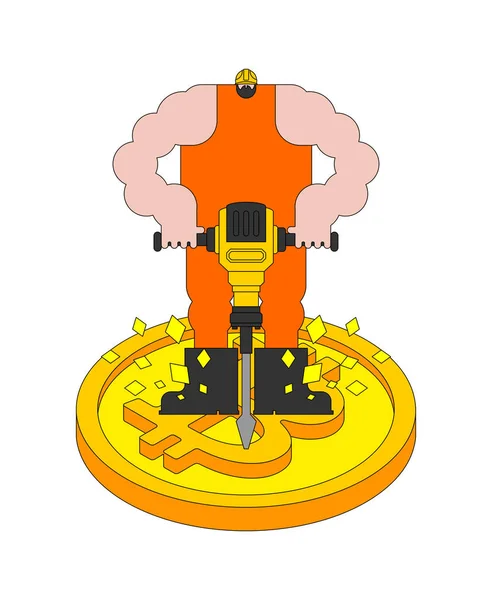 Miner mining bitcoin. Worker and jackhammer. vector illustration — Stock Vector