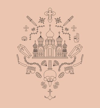 Rus hapishane dövmesi. Kilise ve kafatası. Çapraz ve zincir. Dikenli