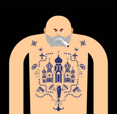 Dövmeli Rus mahkum. Rusya suçlu adam mafya tattooin
