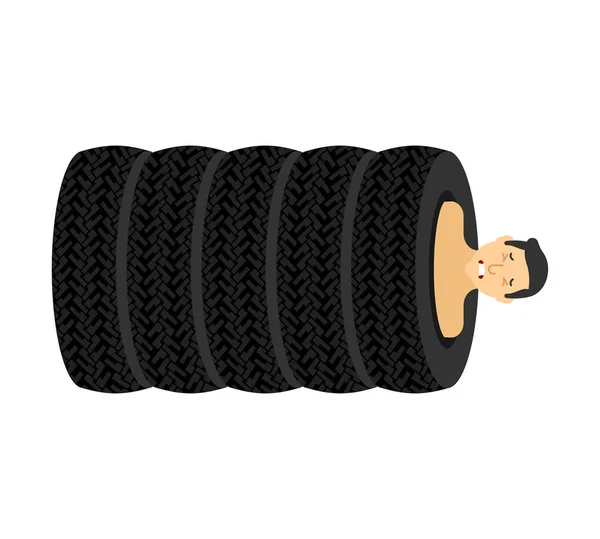 Man inside car tire. Guy in stack of car tires. vector illustrat — Stock Vector