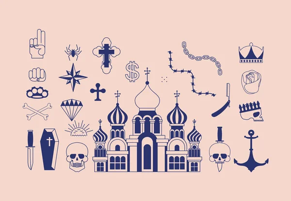 Russian prison tattoo set. Russia criminal symbol. Church and sk — Stock Vector