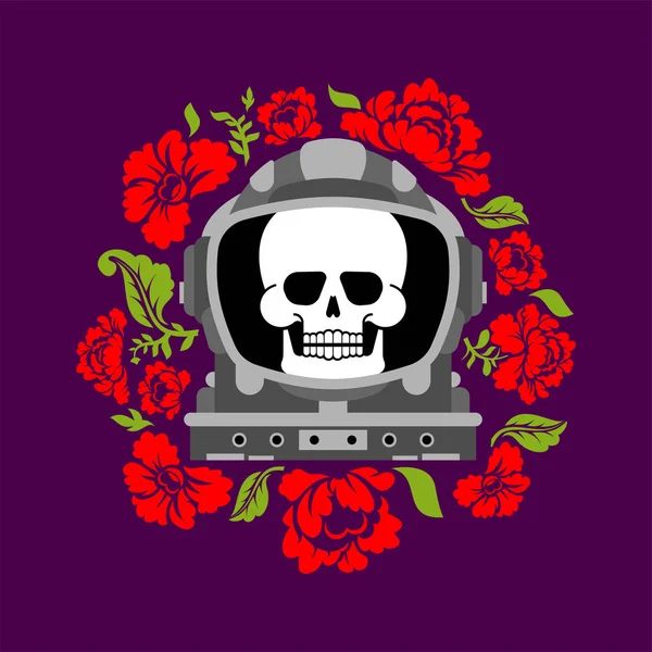 Κρανίο στο κράνος αστροναύτη και λουλούδια. Θάνατος στη διαστημική στολή και RO — Διανυσματικό Αρχείο