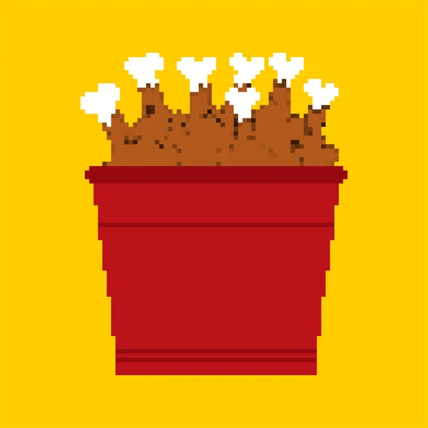 Bucket of fried chicken legs pixel art. 8 bit vector illustratio — Stock Vector