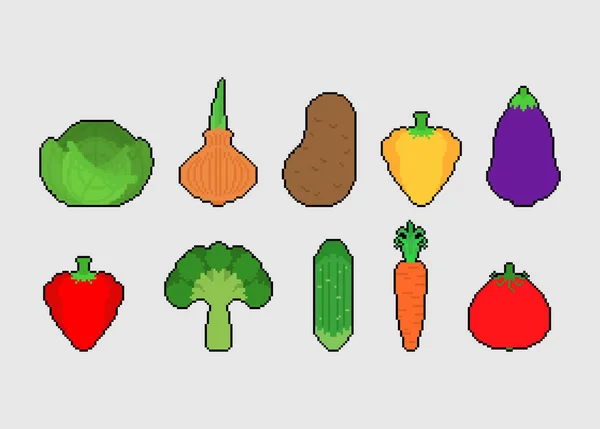 Conjunto de arte de pixel de vegetais. Vegetais de 8 bits. Pixelato de tomate e c —  Vetores de Stock