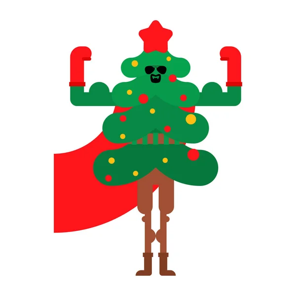 クリスマスツリーのスーパーヒーロー。マスクとレインコートのスーパーフェア。Xmas a — ストックベクタ