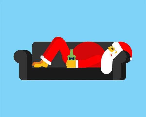 Μεθυσμένος Άγιος Βασίλης στον καναπέ. Χριστουγεννιάτικη απεικόνιση — Διανυσματικό Αρχείο