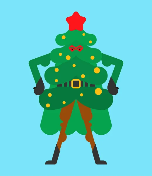 Superhéroe del árbol de Navidad. Super Abeto en máscara y impermeable. Navidad a — Vector de stock