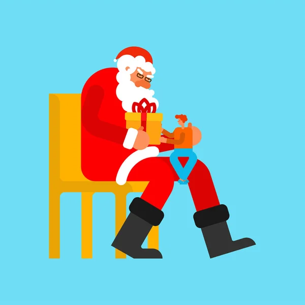 아이들은 산타클로스 위에 앉습니다. 크리스마스 선물을 주는 거지. 재미있는 아기들 — 스톡 벡터