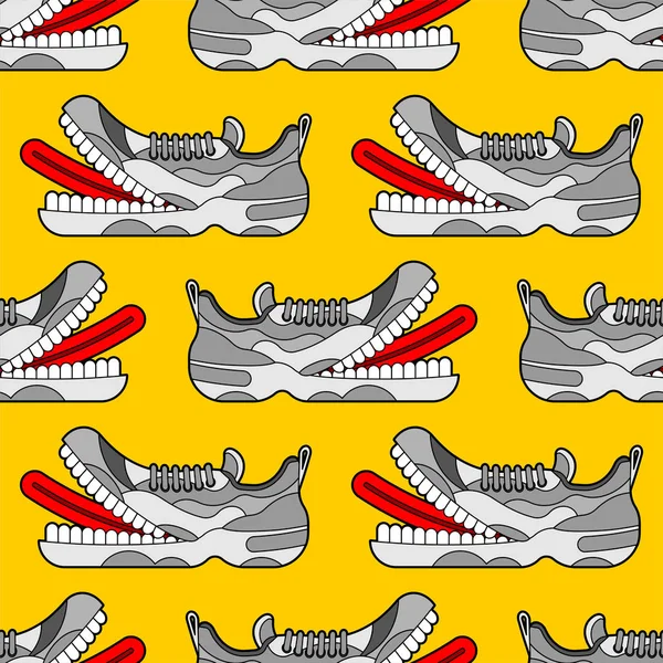 Toothy Sneaker monster pattern seamless. Sneakers with teeth bac — Stock Vector