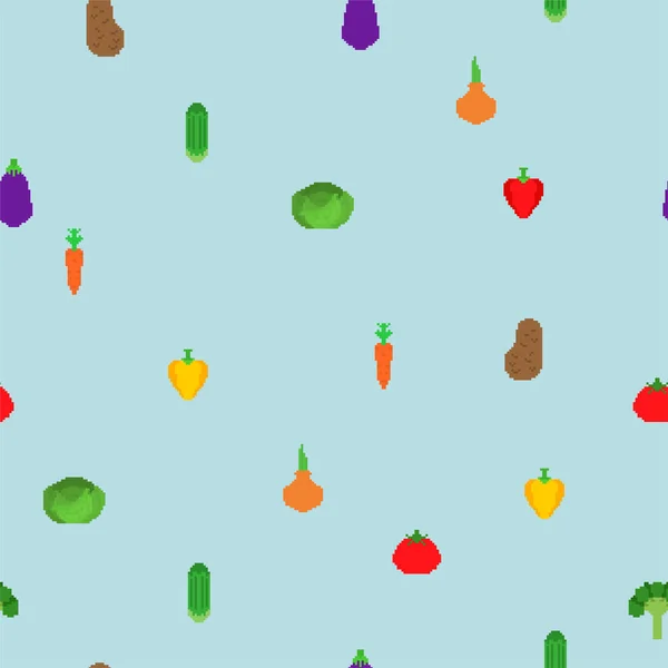 Grönsaker pixel konst mönster sömlös. 8 bitars Vegetabilisk backgroun — Stock vektor