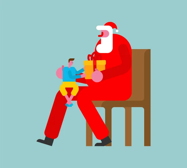 Τα παιδιά κάθονται στον Άγιο Βασίλη. Δίνω Χριστουγεννιάτικο δώρο. Αστεία μωρά — Διανυσματικό Αρχείο