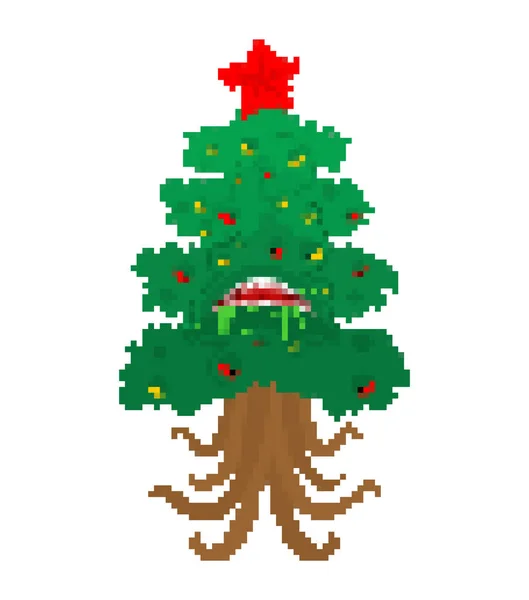 Christmas tree monster pixel art. Fir mutant 8 bit. Angry Xmas a — Stock Vector