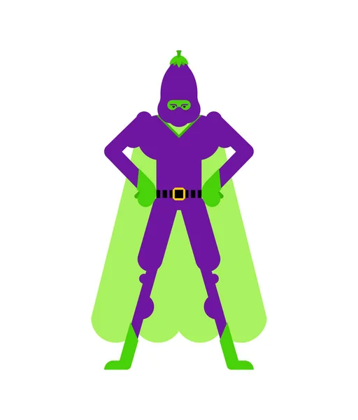 Eggplant superhero. Super Vegetable in mask and raincoat. Strong — Stock Vector