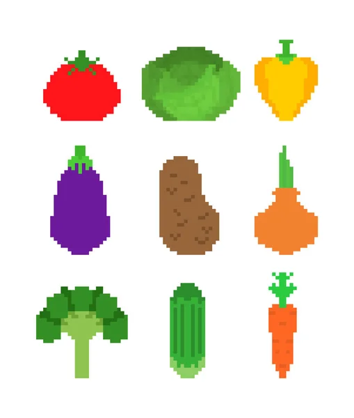 Grönsaker pixel konst uppsättning. 8 bitar vegetabiliskt. Pixelate Tomat och c — Stock vektor