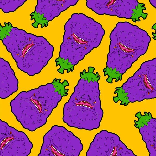 Modèle monstre aubergine sans couture. Légumes violets en colère avec t — Image vectorielle