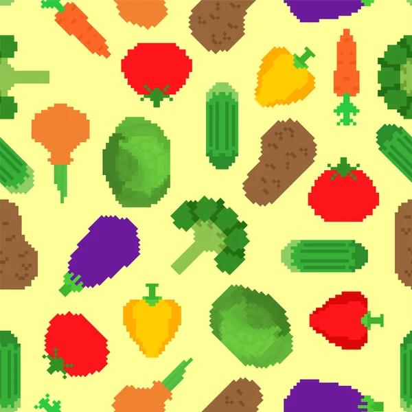 Grönsaker pixel konst mönster sömlös. 8 bitars Vegetabilisk backgroun — Stock vektor