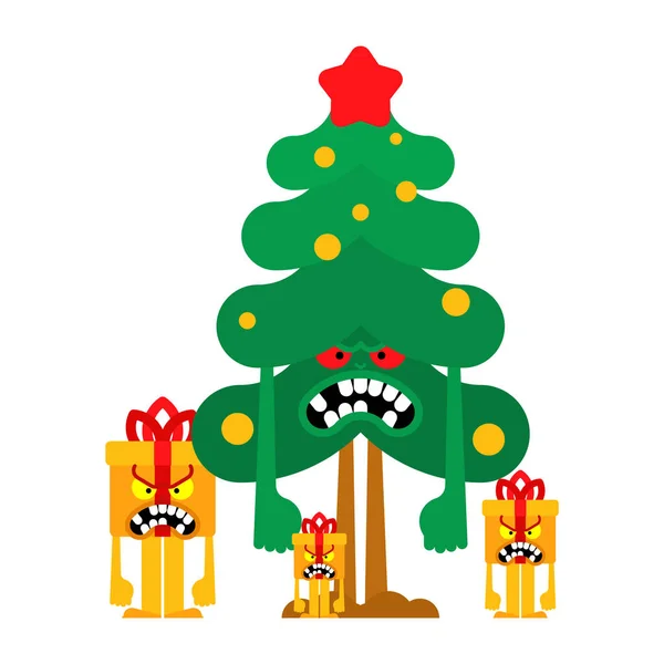 Navidad enojada. Loco árbol de Navidad y caja de regalo. Navidad y Nuevo — Vector de stock