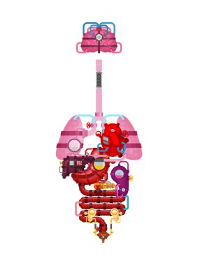 Metal insan anatomisi organları. Yapay organ. Sibernetik gelecek. İnsan vücudunun robot sistemleri. Robot iç organları. Demir Cyborg Esophagus Organ Sistemleri. Tıbbi sistemler. vektör illüstrasyonu