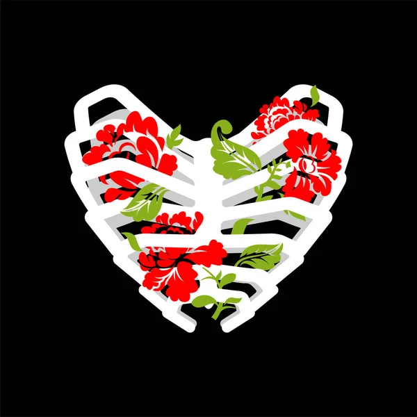 肋骨と花で作られた心臓 骨やバラの愛 ハート型のリブケージローズ 立式部 — ストックベクタ
