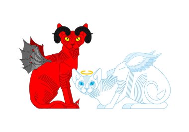 Cat Angel ve iblis. Şeytan boynuzlu kırmızı kedi. Kanatları ve halesi olan beyaz hayvan