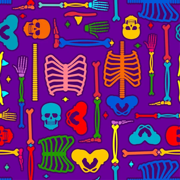 死のパターンの日をシームレスに 多色のスカルとスケルトンの装飾 ダイア ムエルトス背景 — ストックベクタ