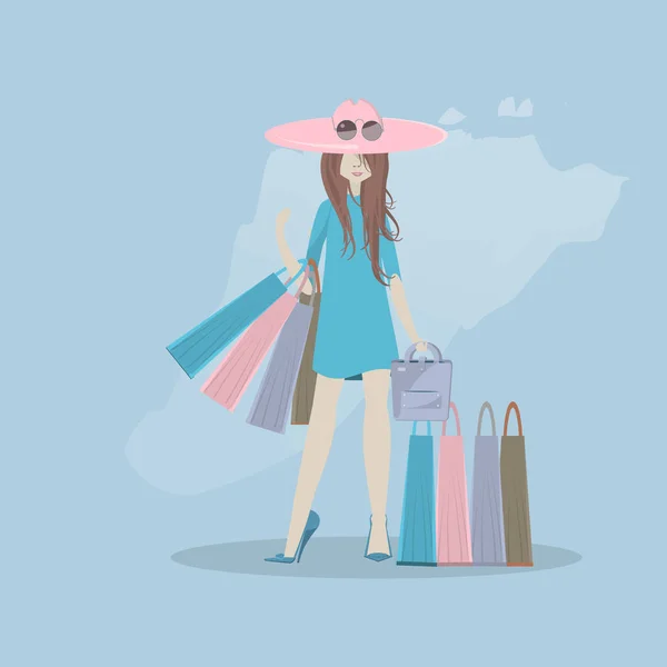 Illustration Vectorielle Une Fille Faisant Shopping Beaucoup Paquets Faisant Shopping — Image vectorielle