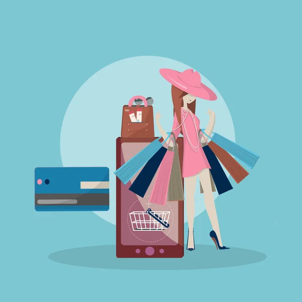 Concept Pour Faire Shopping Internet Sacs Main Cartes Crédit Coupons — Image vectorielle