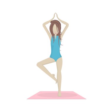 Bir yoga-kız kavramı elleriyle boyundan büyük duruyor. Vektör, düz stil.