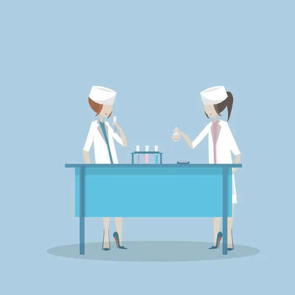 Vector Illustration Scientists Two Woman Working Science Lab Laboratory Interior — Stock Vector