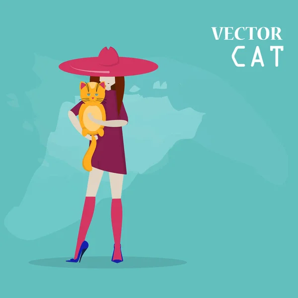 Handgezeichnet Schöne Süße Kleine Mädchen Mit Hübscher Katze Vektorillustration — Stockvektor