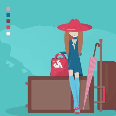 Kız bir bavul, bir tatil kavramı ile seyahat.