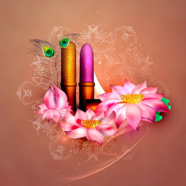 Ruj Yanında Çiçek Boyanmıştır Güzellik Kozmetik Arka Plan Reklam Ilanı — Stok Vektör